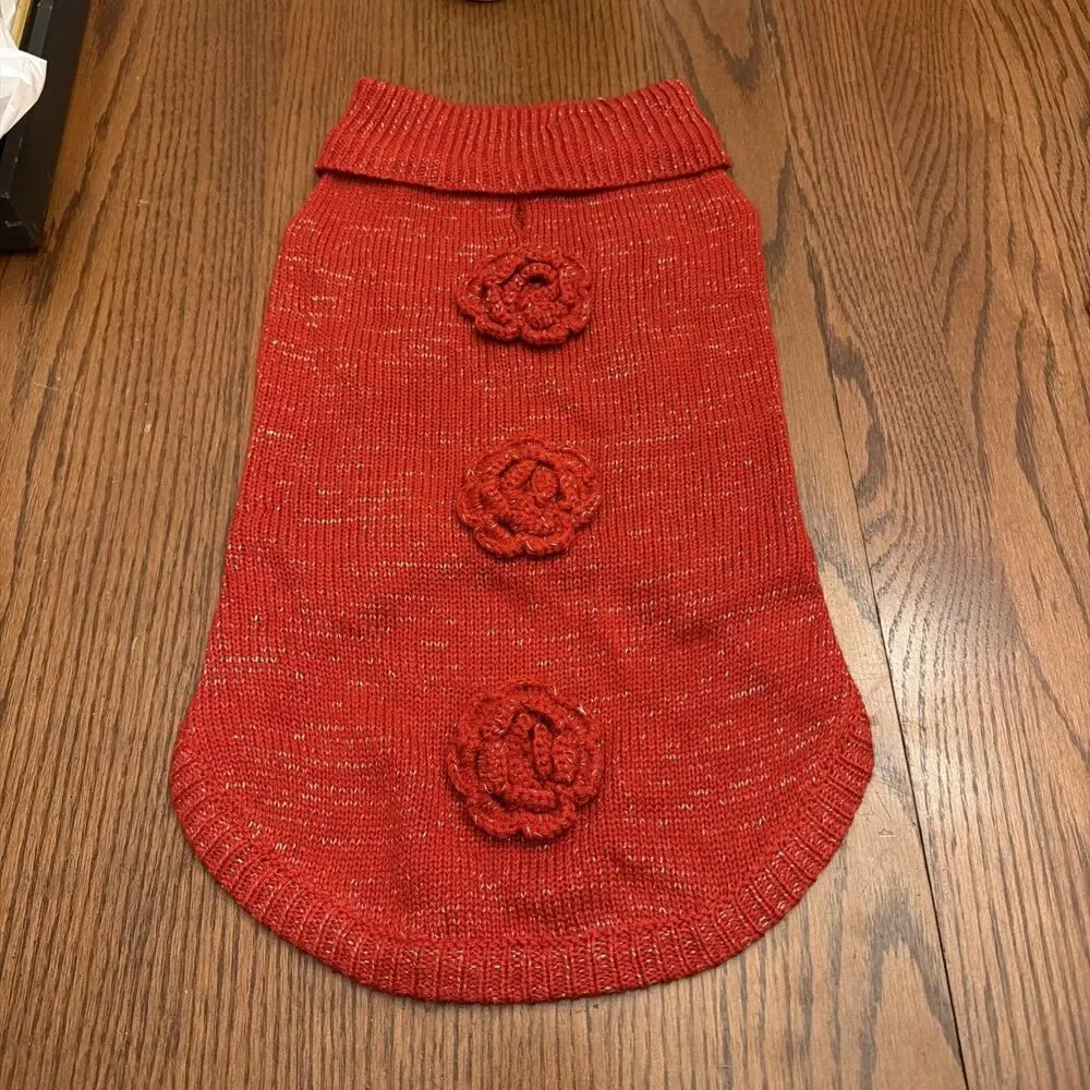 Dog Sweater Size Medium Christmas Festive Holiday Red &‎ Silver with Flowers